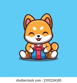 Shiba Inu Sitting Gift Box Cute Creative Kawaii Cartoon Mascot Logo