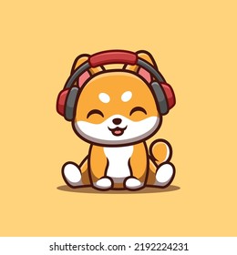 Shiba Inu Sitting Hearing Music Cute Creative Kawaii Cartoon Mascot Logo