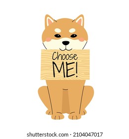 shiba inu sitzt und hält ein Brett mit Ente mir eine Nachricht. Ein Welpenkonzept kaufen. Vektorgrafik einzeln auf weißem Hintergrund in handgezeichnet. Perfekt für ein Tierblog oder ein Tierheim