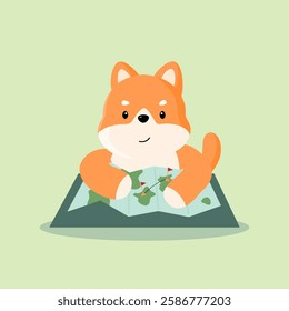 Shiba Inu sitting with a map: A Shiba Inu sitting down, looking at a travel map, preparing for a journey. This image conveys the idea of planning and mapping out a trip.