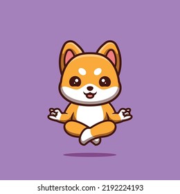 Shiba Inu sentando la meditación cutto logo creativo de la mascota Kawaii