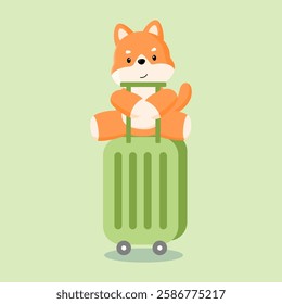 Shiba Inu sitting on a suitcase: A Shiba Inu dog sitting comfortably on top of a suitcase, symbolizing the beginning of a trip or travel adventure.