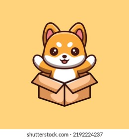 Shiba Inu Sitting Out From Box Cute Creative Kawaii Cartoon Mascot Logo