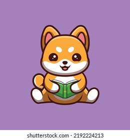 Shiba Inu Sitting Reading Book Cute Creative Kawaii Cartoon Mascot Logo