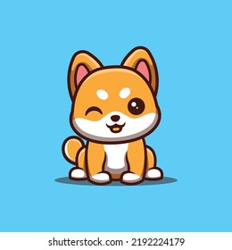 Shiba Inu Sitting Winking Cute Creative Kawaii Cartoon Mascot Logo