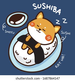 Shiba inu sleeping on sushi with shoyu hand drawn. Cute japanese food design. Baby dog cartoon. food doodle background. Sushiba writing. Can be use for T-shirt print, Card. Vector. Illustration