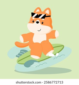 Shiba Inu with sunglasses on a surfboard: A Shiba Inu dog wearing sunglasses, riding a surfboard, ready to embrace the waves. The dog’s playful vibe reflects a laid-back beach lifestyle.