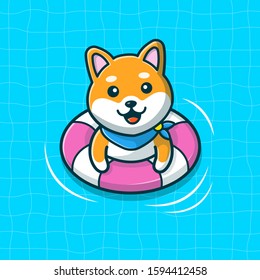 Shiba Inu Swimming On Beach Vector Icon Illustration. Dog And Swim Ring, Summer And Animal Icon Concept White Isolated. Flat Cartoon Style Suitable For Web Landing Page, Banner, Sticker, Background