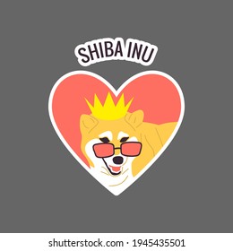 Shiba inu text. Japanese dog in golden crown and cool pink sunglasses. Heart shaped Sticker design with white outline. Stock vector illustration.