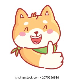 Shiba Inu: thumbs up, like sign, happy, good mood, smiling emotions. Set of dog characters in vector hand drawn style, cartoon illustrations. As logo, mascot, sticker, emoji, emoticon