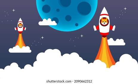 shiba inu tokens with rocket launch to the moon, bullish trend SHIB crypto concept, cryptocurrency for good business and investment. Vector illustration