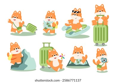 Shiba Inu travel collection: A fun collection of Shiba Inu dogs in various travel activities including holding a suitcase, exploring with a map, surfing, hiking, and capturing memories. 