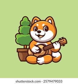 Shiba Inu Ukulele Sitting Cartoon Illustration