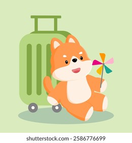 Shiba Inu with a windmill and suitcase: A Shiba Inu dog sitting next to a suitcase, holding a colorful windmill in its paws, creating a fun, vibrant travel vibe.