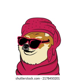 shiba meme dog with beautiful pink hair scarf and sunglass vector illustrator