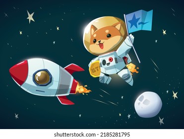 shiba space dog holding gold coin and flag with moon rocket star element