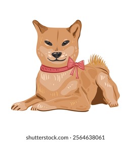 Shiba-inu dog with pink bow sits. Red Japanese dog with a smile. Vector isolated image in a flat style for card or gift. Domestic animal. Detailed flat vector icon.