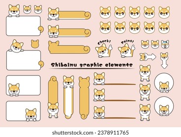 Shibainu dog set of elements, heading, icon, stickers