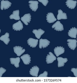 Shibori Background.Tie Dye Indigo Blue Flower Texture. Bleached Handmade Resist Seamless Pattern. Watercolor Dy Effect Textile. Classic Japanese or Indonesian All Over Print. Vector Repeat Tile Eps 10