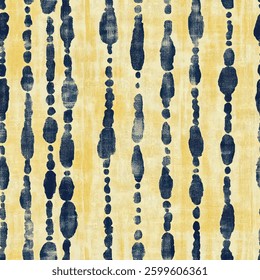Shibori pattern of vertical lines with dots, navy blue on a light yellow background, grunge lines ikat pattern, striped seamless pattern, Vector illustration background for print the paper.