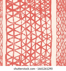 Shibori Seamless Pattern. Tie Dye Abstract Texture. Batik Tie Dye Border. Stencil Japan Background. Terracotta Red and White Organic Minimal Grid. Watercolor Shoji Design. Kimono Tile. 