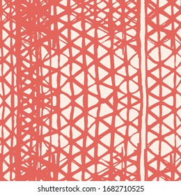 Shibori Nahtloses Muster. Tie farbige abstrakte Textur. Terracotta Rot und Weiß Bio Minimal Grid.Batik Tie Dye Border. Stencil Japan Hintergrund. Wasserfarbe Shoji Design. Kimono Tile. 