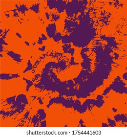 Shibori Spiral Vector. Psychedelic Swirl. Orange Ink Background. Hypnotic Dip Dyed Pattern. Vintage Contrast Ornament. Watercolor Brush Paint. Purple Bohemian Twist. Bright Colorful Effect.