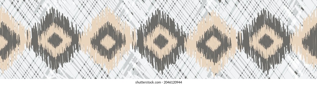 Shibori style ikat vector seamless vector border background. Neutral banner of scribbled diamond shapes on weave effect backdrop. Graphic style woven geometric design for ribbon, edging, trim, web