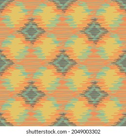 Shibori style ikat vector seamless vector pattern background. Scribbled diamond shapes backdrop in orange, pastel blue. Weave effect repeat. Tropical woven geometric all over print wellness, packaging