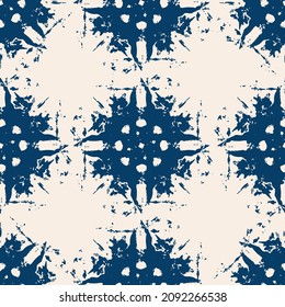 Shibori style indigo tie dye vector seamless pattern. Modern abstract background in traditional japanese fabric style. Navy blue and off white monochrome repeat tile. 