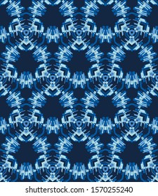 Shibori Tie Dye Effect Hexagon Background. Seamless Pattern Abstract Textile Swatch in Bleach Style Dyed Indigo Blue. Vector EPS 10