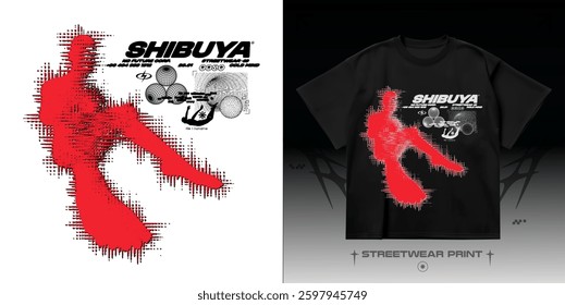 Shibuya brutalism print. Distorted human silhouette with retro wireframe and blurred glitch effect. T-shirt streetwear design. Vector