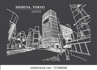 Shibuya crossing Junction, TOKYO, JAPAN in Ink Line Art, Vector illustration.