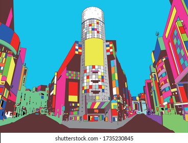 Shibuya in Japan is a sacred place for young people. Full of shoppers. It is a line drawing that can be used as a background for comics.