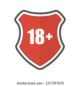Shield with 18 plus in a flat design. Vector illustration
