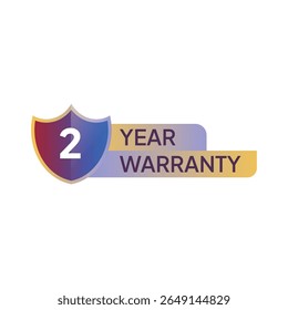 A shield with "2" sits beside a gradient rectangle reading "YEAR WARRANTY," vibrant colors, flat design, warranty concept, bright lighting, and promotional feel.
