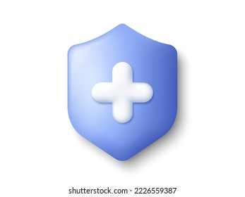 Shield 3d icon. Health care concept with cross. Medic care insurance. Immune system virus protection. Medicine health, pharmacy care and medical hospital symbol. Medic 3d shield. Vector