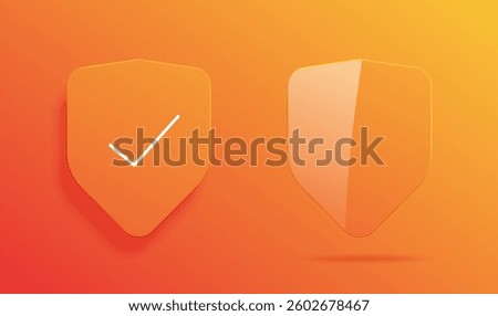 Shield 3d icon transparent glass modern graphic design illustration set, yellow orange secure sign symbol check mark render, safety protection checkmark, security valid tick image clip art