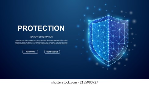 Shield 3d low poly symbol with connected dots for blue landing page. Antivirus design illustration concept. Polygonal Cyber security illustration