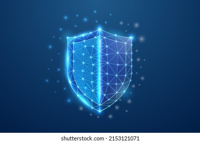 Shield 3d symbol in blue low poly style. Protect, antivirus design concept vector illustration. Cyber security polygonal wireframe.