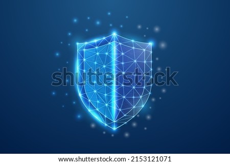 Shield 3d symbol in blue low poly style. Protect, antivirus design concept vector illustration. Cyber security polygonal wireframe.