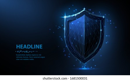 Shield. Abstract vector 3d shield isolated on blue. Data protection, business security, system safety, web secure concept. Antivirus screen, insurance guarantee, network firewall symbol