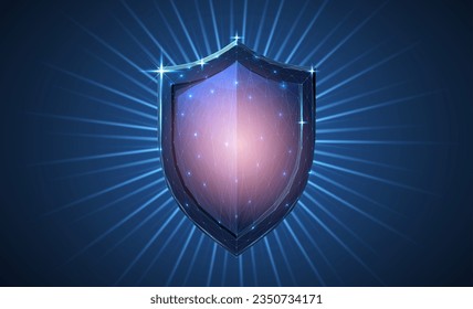 Shield. Abstract vector 3d shield isolated on blue. Data protection, business security, system safety, web secure concept. Antivirus screen, insurance guarantee, network firewall symbol