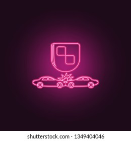 shield and accident cars icon. Elements of insurance in neon style icons. Simple icon for websites, web design, mobile app, info graphics