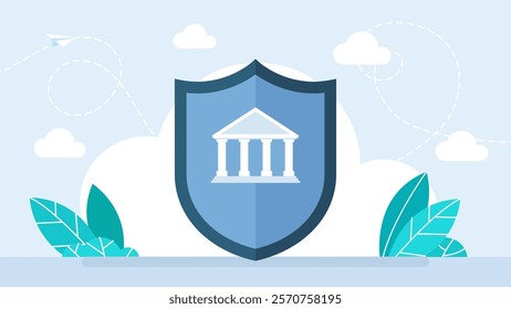 Shield and administrative building. Building security identity, real estate security services and others. Insurance concept. Security, safety, protection, protect concept. Vector illustration 