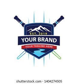 shield and adventure logos, mountains and satarwar, lightsaber vector