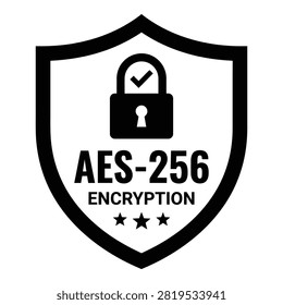 Shield with AES 256 encryption text and secure padlock symbol