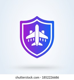 Shield and airplane travel sign icon or logo. Travel Security  concept. Travel insurance vector illustration.
