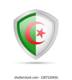 Shield with Algeria flag on white background. Vector illustration.