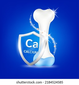 Shield aluminum calcium transparent and bone human healthy. Foods vitamins minerals logo products template design. Medical food supplement concepts. 3D Realistic Vector EPS10.